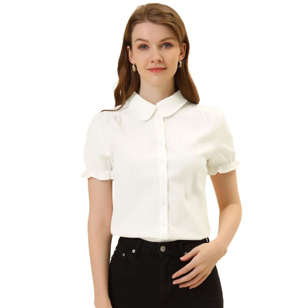 Women's Cotton Frilled Top Turndown Collar Solid Blouse Shirt White